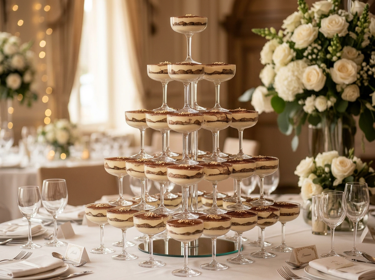 A tiramisu dessert table styled for a wedding